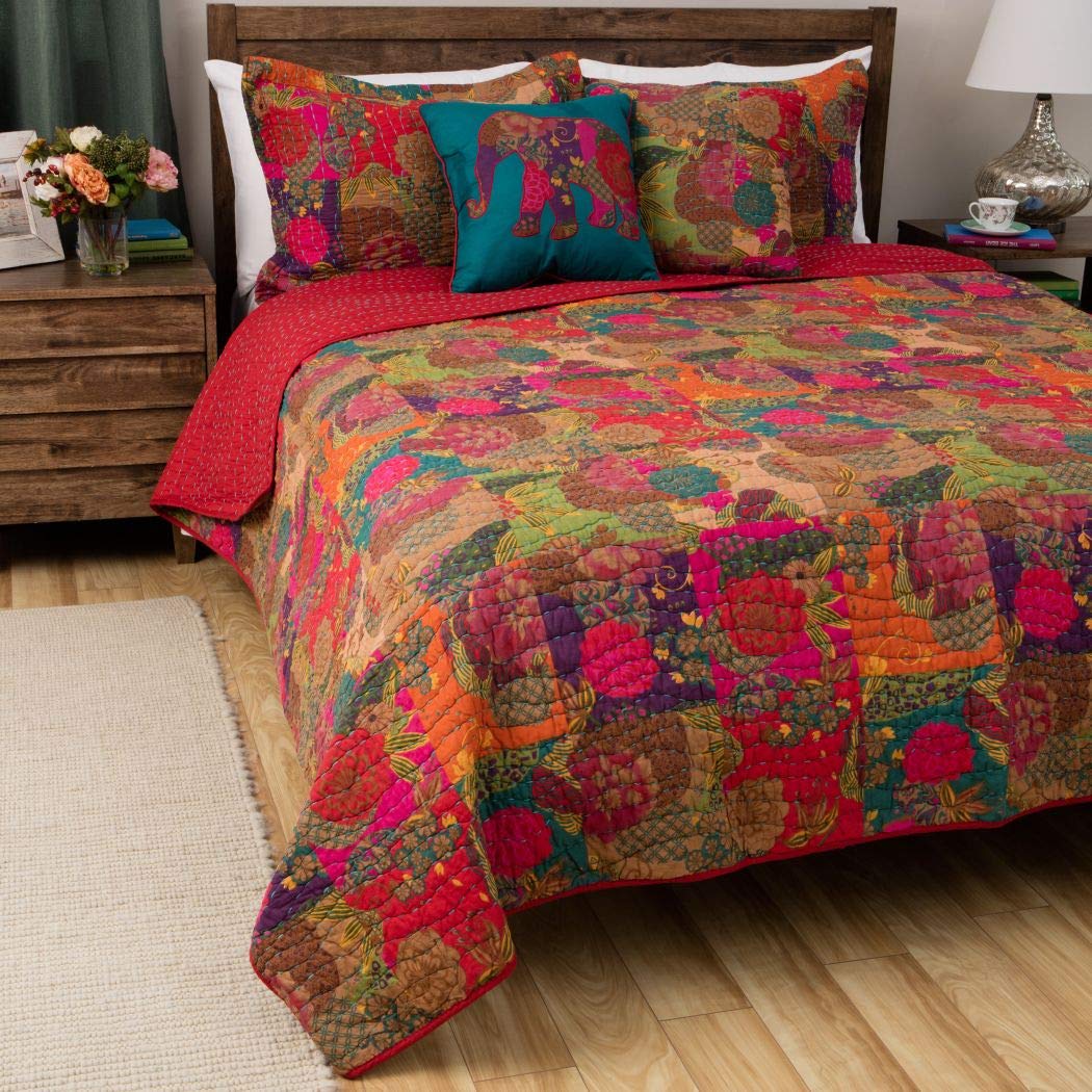 I/M 2 Piece Red Blue Southwestern Theme Twin Quilt Set Abstract Floral Multi