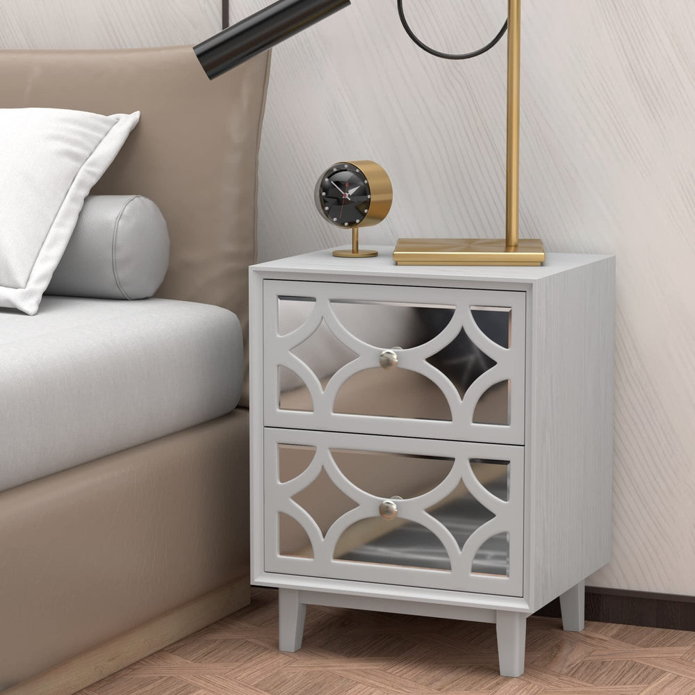 Contemporary Mirror Front 2-Drawer Nightstand Light Grey Modern MDF Plated - Diamond Home USA
