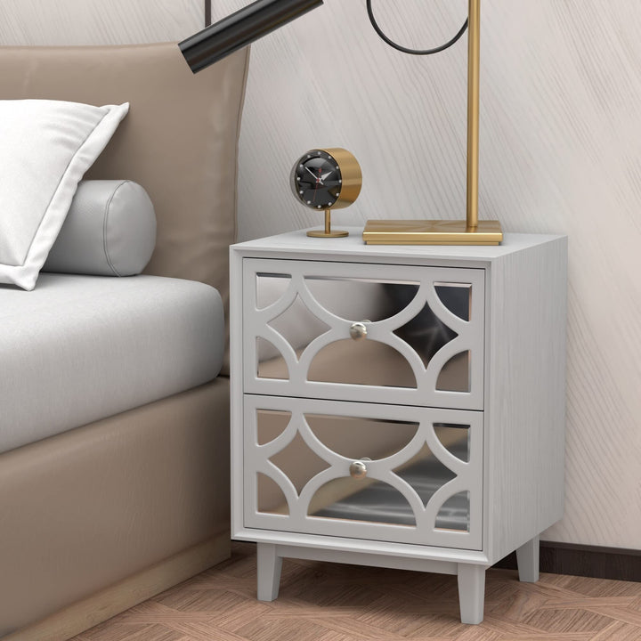 Contemporary Mirror Front 2-Drawer Nightstand Light Grey Modern MDF Plated - Diamond Home USA