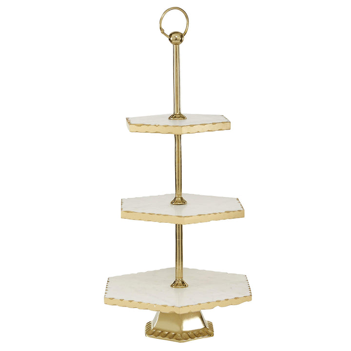 Hexagon 3-Tier Gold and White Marble Tray Stand 12" X 23" 12 X 11 22 Multi Color - Diamond Home USA