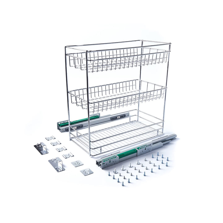 Kitchen Cabinet Pull Out Basket 3 Tier Sliding Organizer Grey Stainless Steel - Diamond Home USA