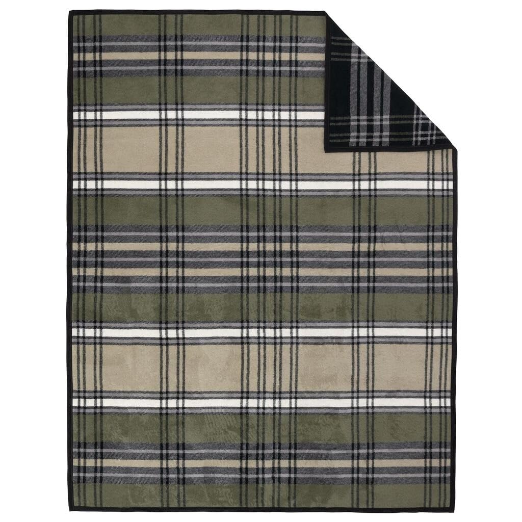 Cotton Blend Fall Inspired Plaid Throw Blanket 'E' Black Green Off/White - Diamond Home USA