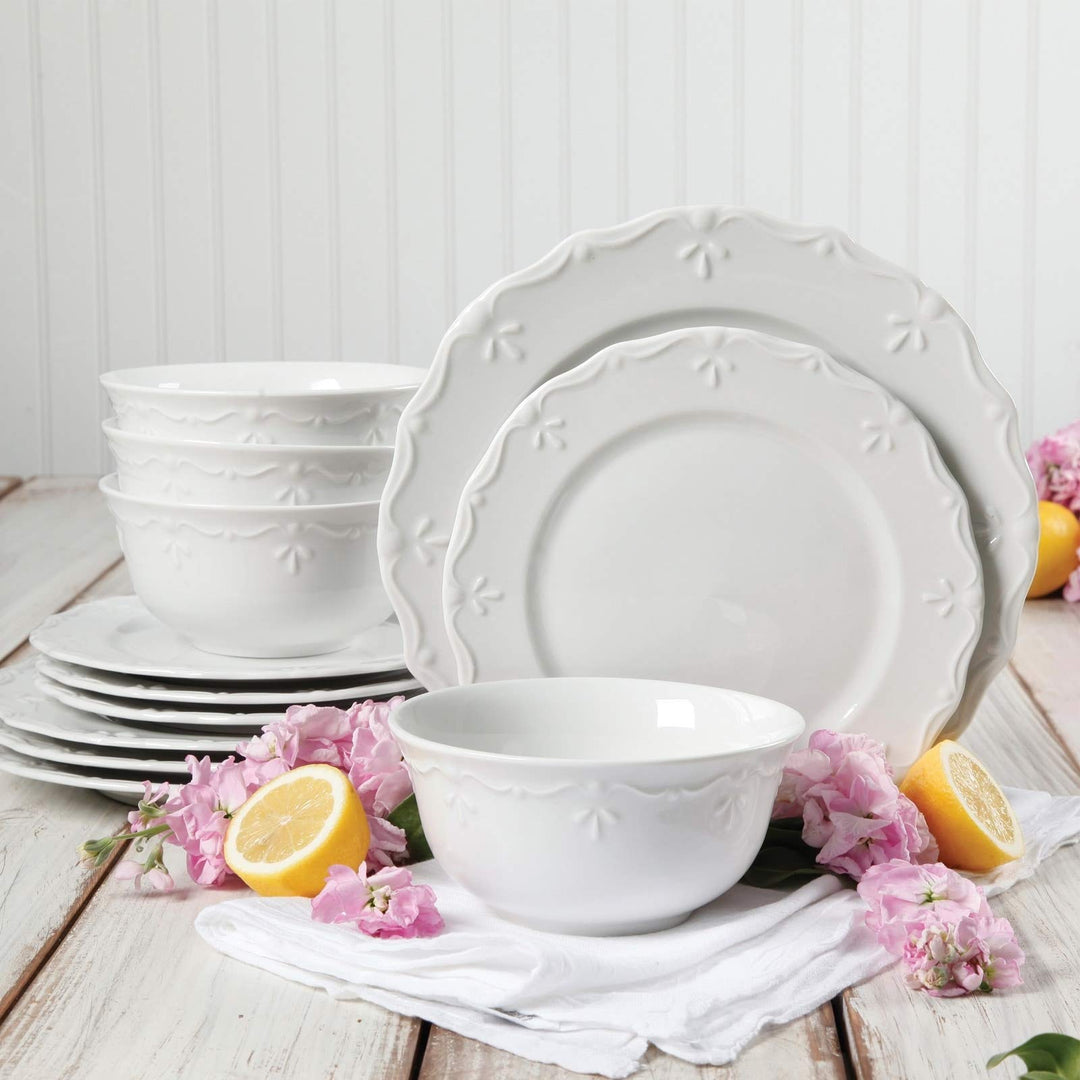 Fine Ceramic Embossed Pc Dinnerware Set In White Solid Casual Round Stoneware 12 - Diamond Home USA