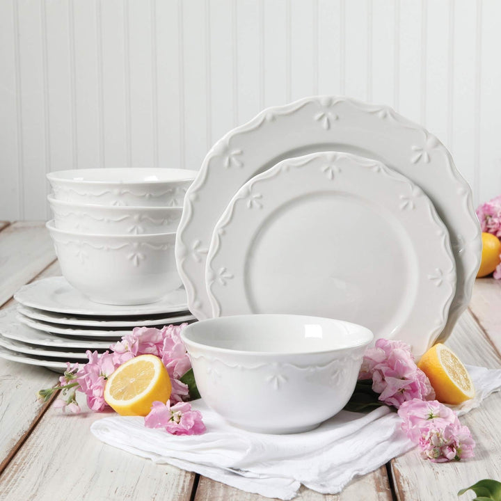 Fine Ceramic Embossed Pc Dinnerware Set In White Solid Casual Round Stoneware 12 - Diamond Home USA