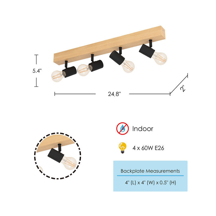 EGLO 98114A Kingswood Track Lighting Wood and Black Finish 5.40x2.00x24.80 - Diamond Home USA
