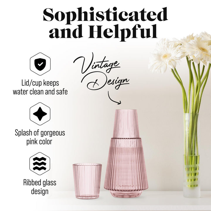 American Atelier Vintage Bedside Water Carafe with Tumbler - 37 Oz Ribbed - Diamond Home USA