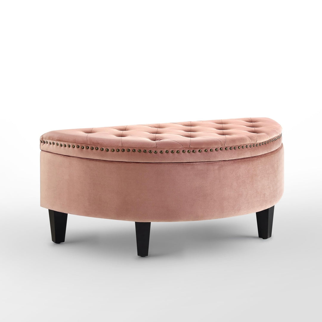Inspired Home Sara Velvet Ottoman Gold Nailhead Trim Half Moon Storage Blush