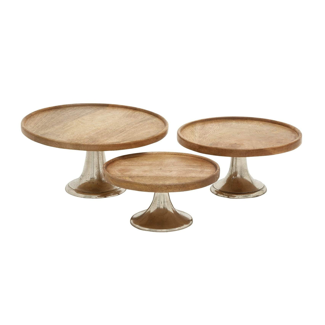Set of 3 - Metal Wooden Cake Pedestal Stand Set Cupcakes Holders Round Dessert