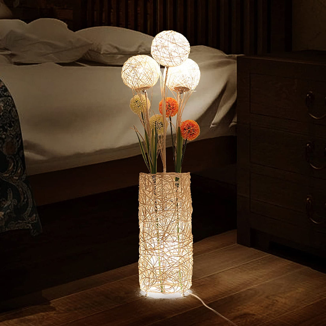 Floor Lamp Pastoral with Hand-oven Flower Rattan Art Beige Mid-Century Modern