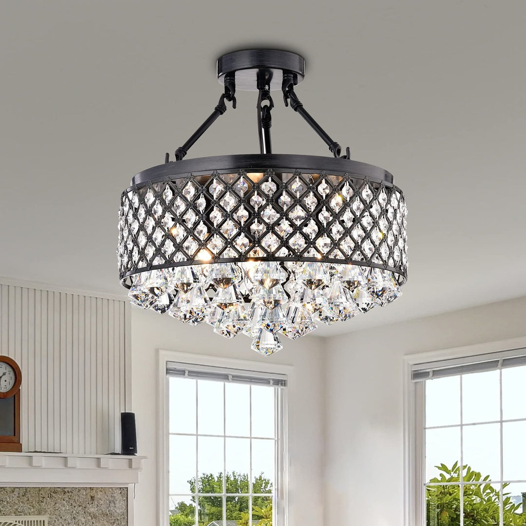 Antique Black 4-light Beaded Drum Crystal Semi Flush Mount Glam Modern