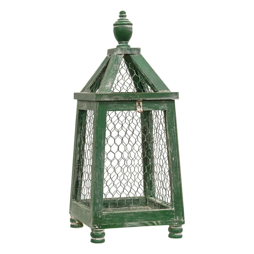 Distressed Green Chicken Wire Birdcage Lantern Wood
