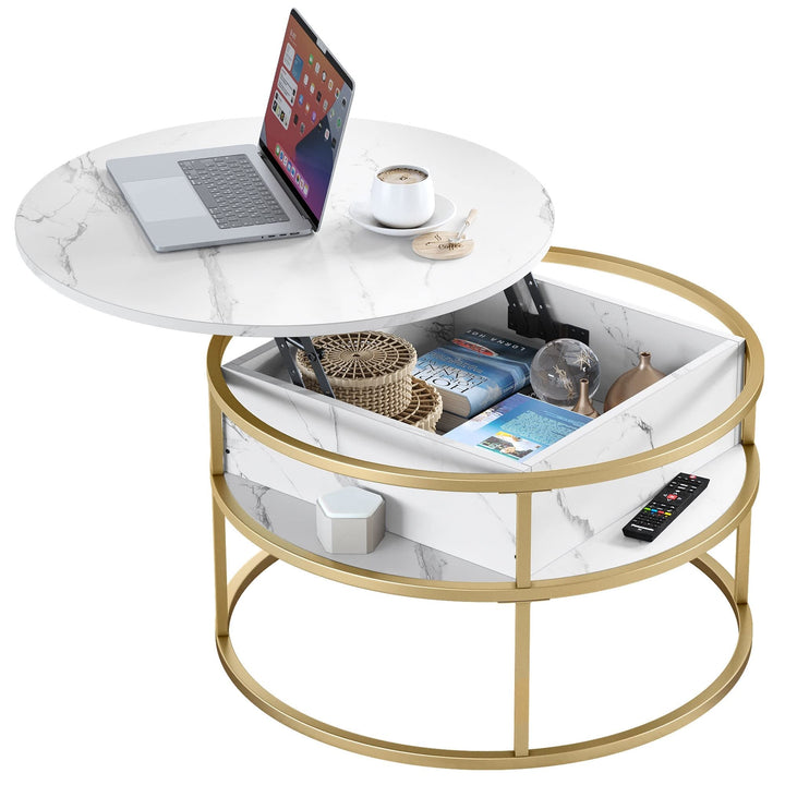 Round Lift Top Coffee Table White Marble and Frame Modern Contemporary - Diamond Home USA