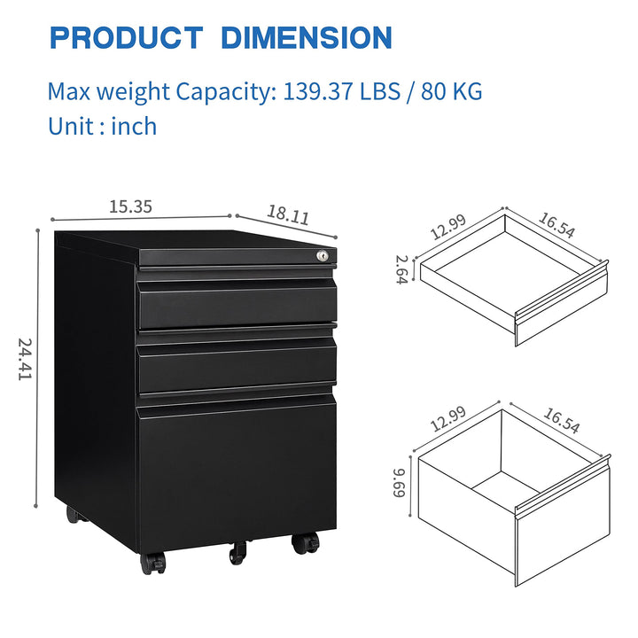 3 Drawer File Cabinet with Lock Steel Mobile Filing On Anti-tilt Wheels(lack) - Diamond Home USA