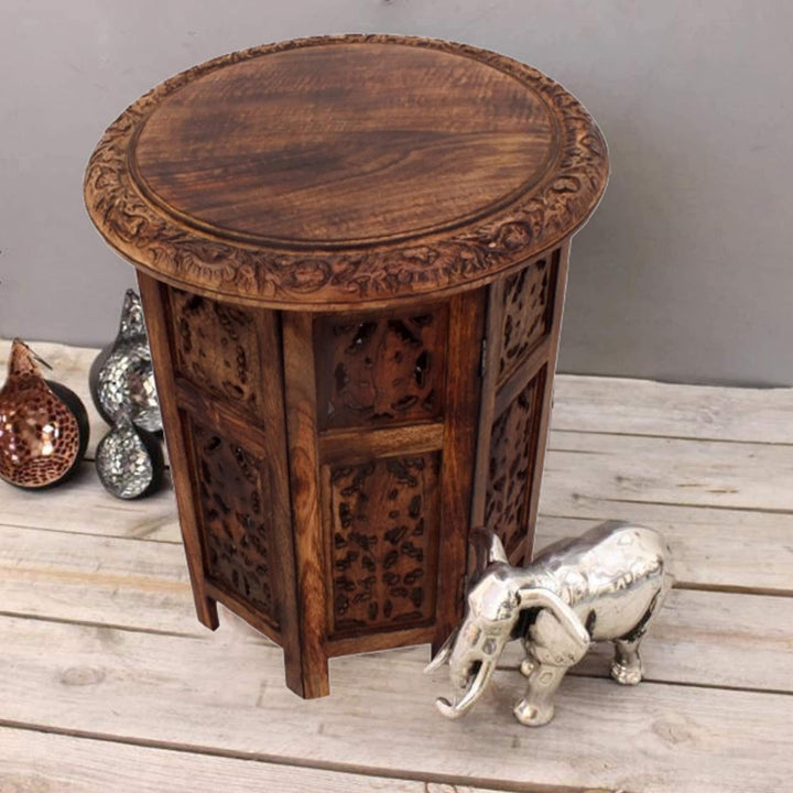 Brown Hand-Carved Wood Folding Accent Table Bohemian Eclectic Round Finish