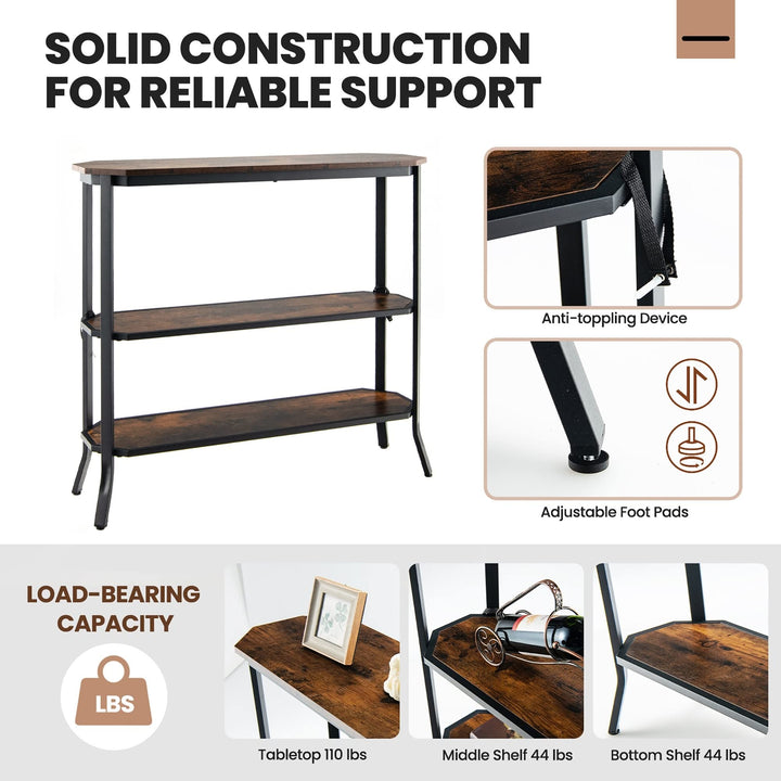 Hallway Table 3 Tier Narrow Couch Side with Storage Shelf Brown Industrial Steel - Diamond Home USA