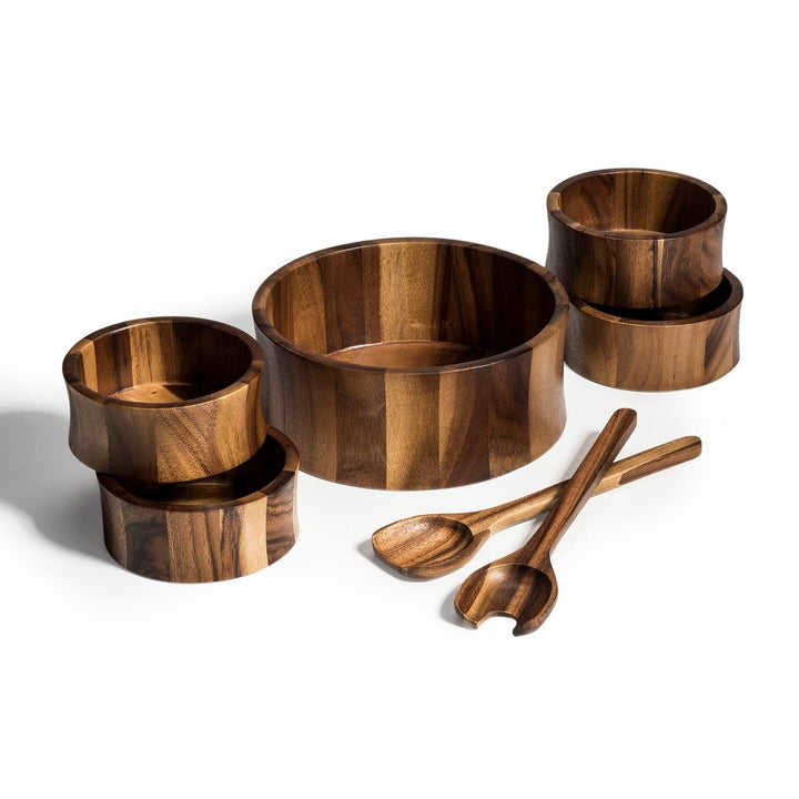 Large Salad Bowl With Serving Utensils And 4 Individuals Bowls Brown Wood 7