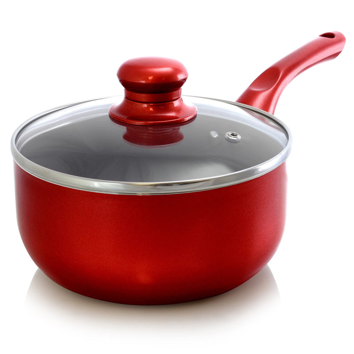 1.5 Quart Ceramic Coated Saucepan in Red with Glass Lid - Diamond Home USA