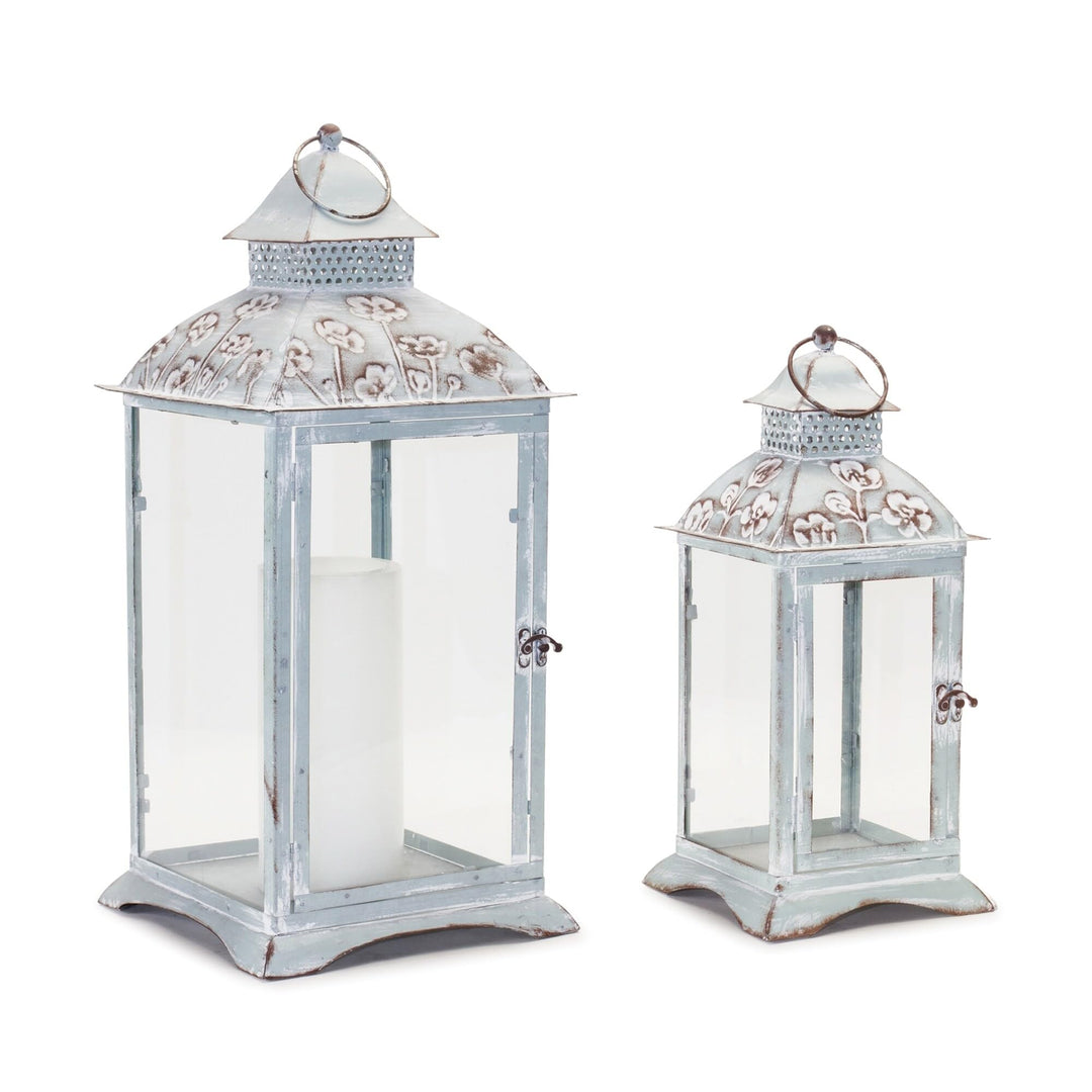 Floral Stamped Metal Lantern (Set of 2) Blue French Country