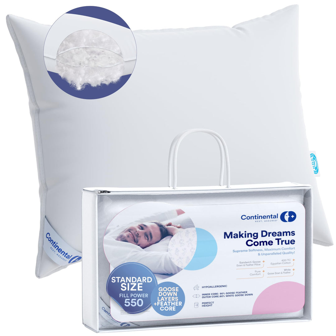 Continental Bedding Luxury Goose Feather Down Pillows Standard Size Pack of 1