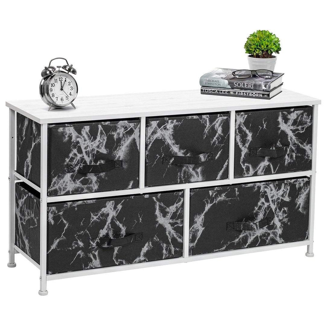 Black Marble Fabric/White Wood 5-Drawer Dresser Modern Contemporary Metal Medium