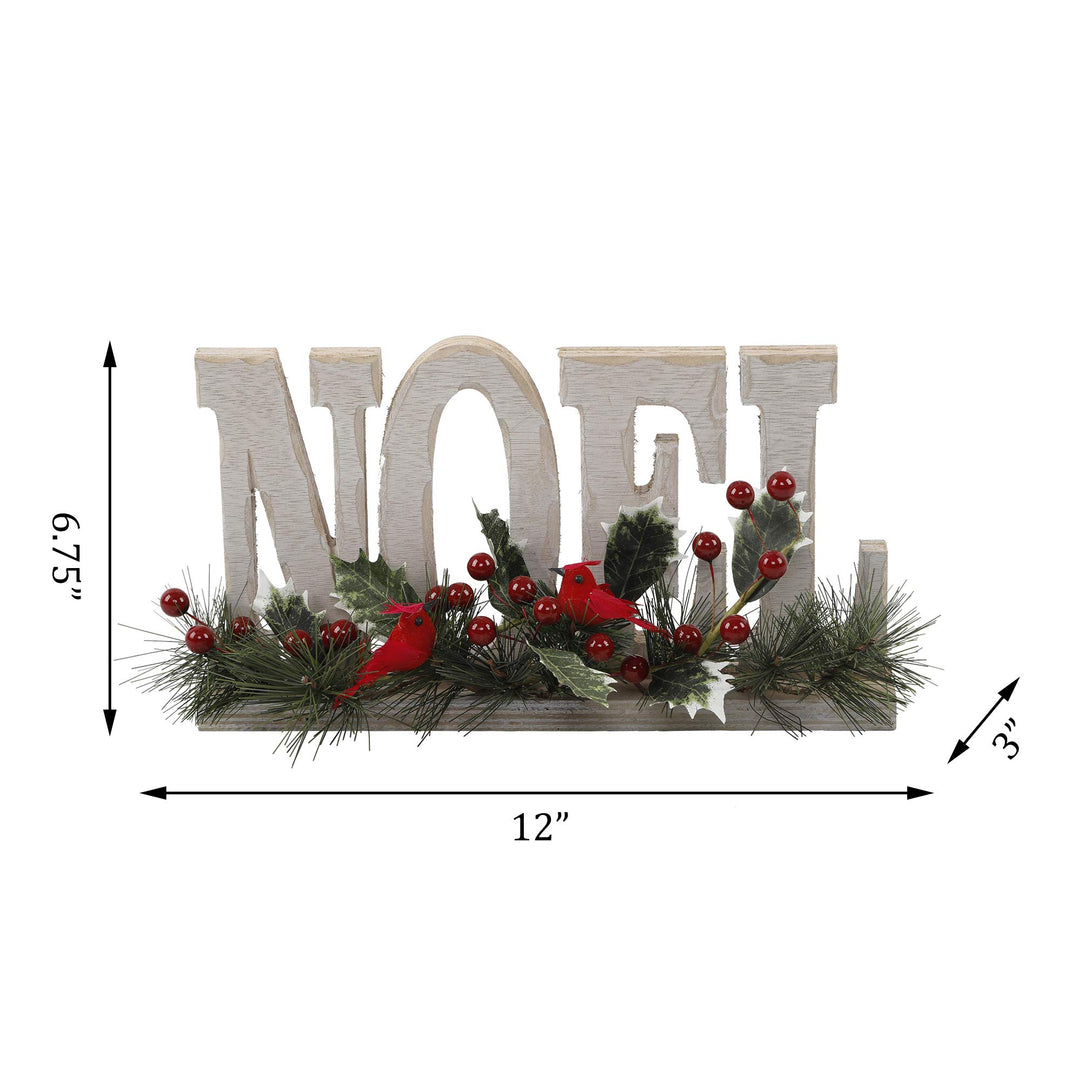 Flora Bunda 12 inch Noel Wood Sign w Cardinal Berries Christmas Home Décor - Diamond Home USA