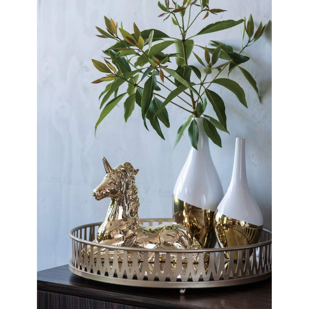 Urban Vogue Gold Metal/Glass/MDF 18-inch Diameter X 3.5-inch High Round Tray - Diamond Home USA