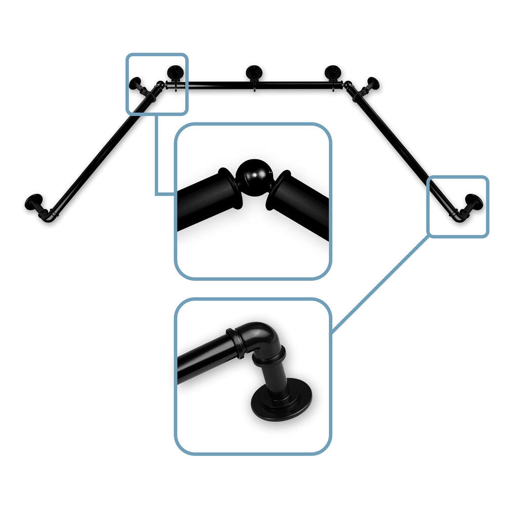 Rod Desyne 1 inch Pipe Bay Window 23" 41"-78"-Black Single Curtain Rod Set Black Finish - Black