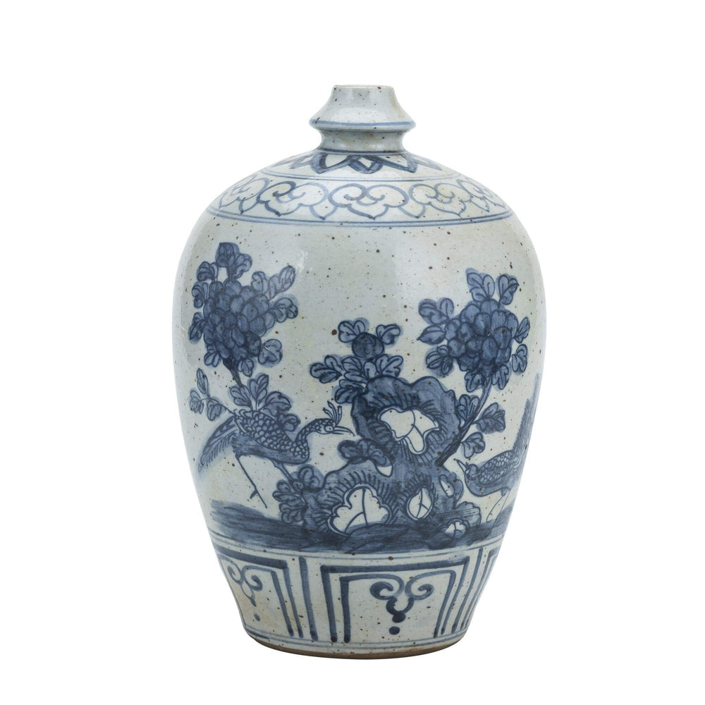 Blue and White Garlic Head Vase Flower Bird Motif Porcelain - Diamond Home USA