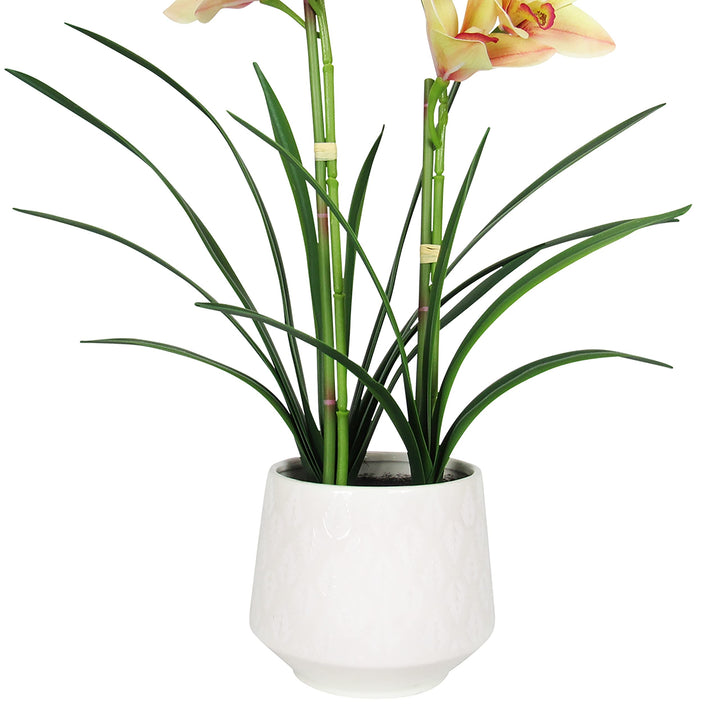 Orchid Flower Arrangement 2 Stem in Leaf Pattern Ceramic Pot 24in 24" H X 18" - Diamond Home USA