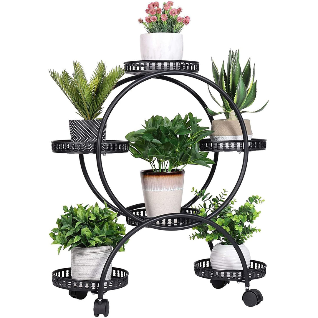 Flower Pot Holder Metal Plant Stand Shelf with 4-Wheel Black Classic Round Iron - Diamond Home USA