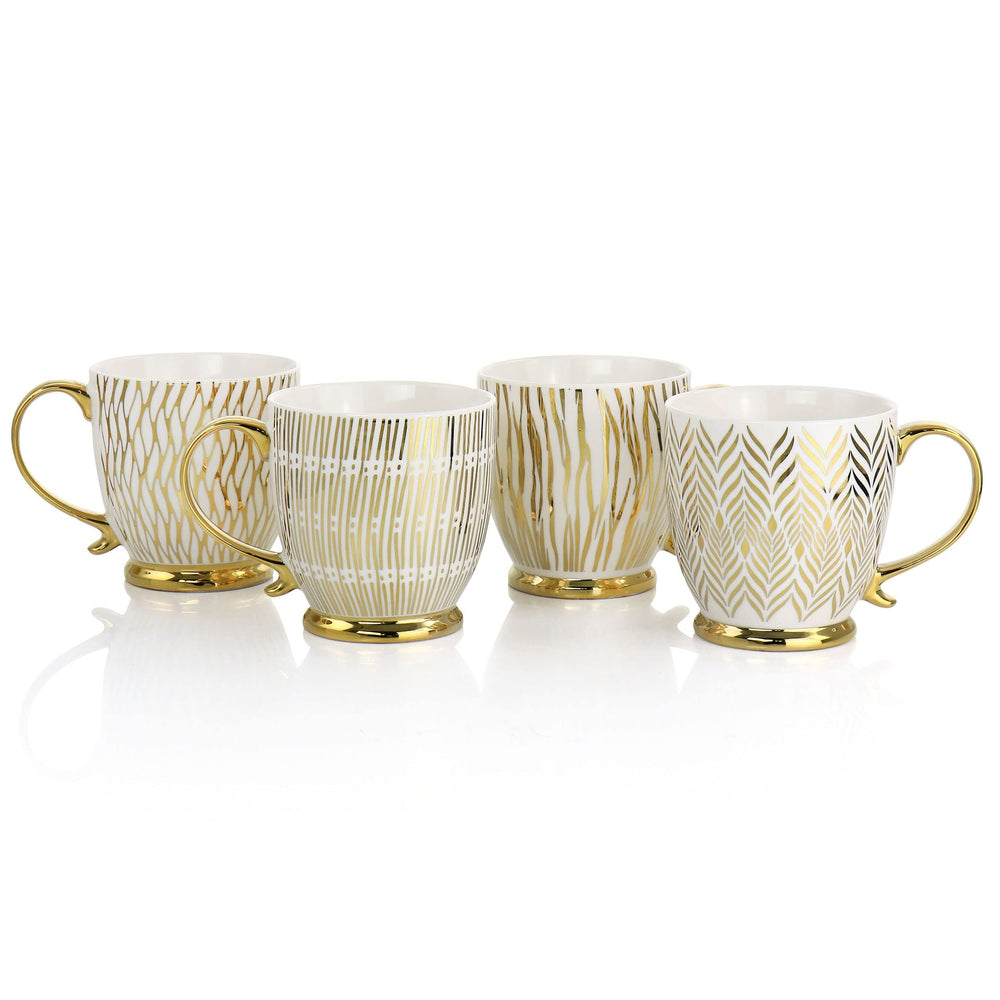 Gold 4 Piece 16.7oz Electroplated Fine Ceramic Mug Set Stripe Formal Round - Diamond Home USA