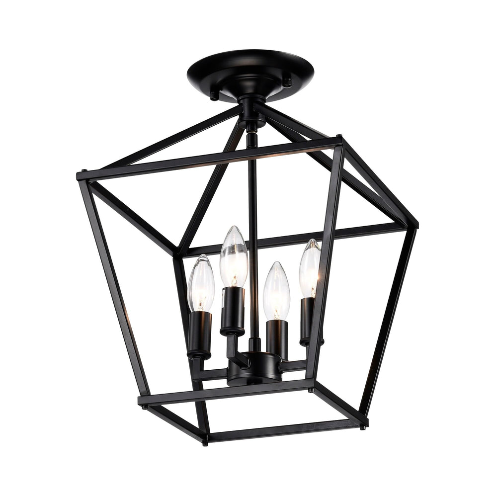 Matte Black 4-light 12 in. Cage Lantern Farmhouse Semi-flush Mount Metal - Diamond Home USA