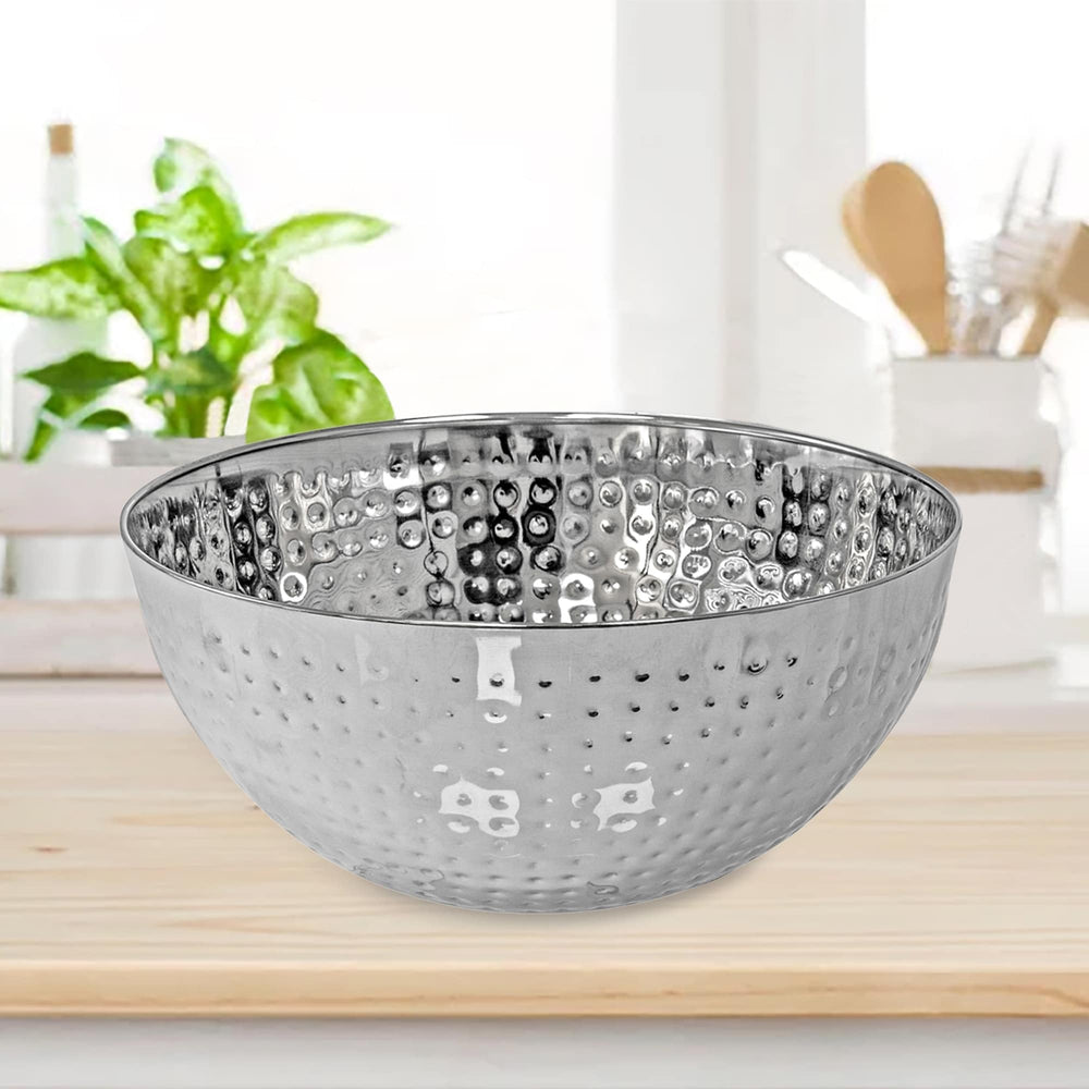 Stainless Steel Hammered Salad Bowl 9.50" Set Of 2 Silver Dishwasher Safe - Diamond Home USA