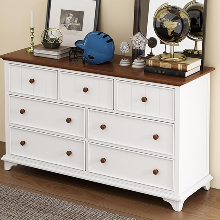 7-Drawer Wood Horizontal Dresser in White and Walnut Mission Craftsman MDF Pine - Diamond Home USA
