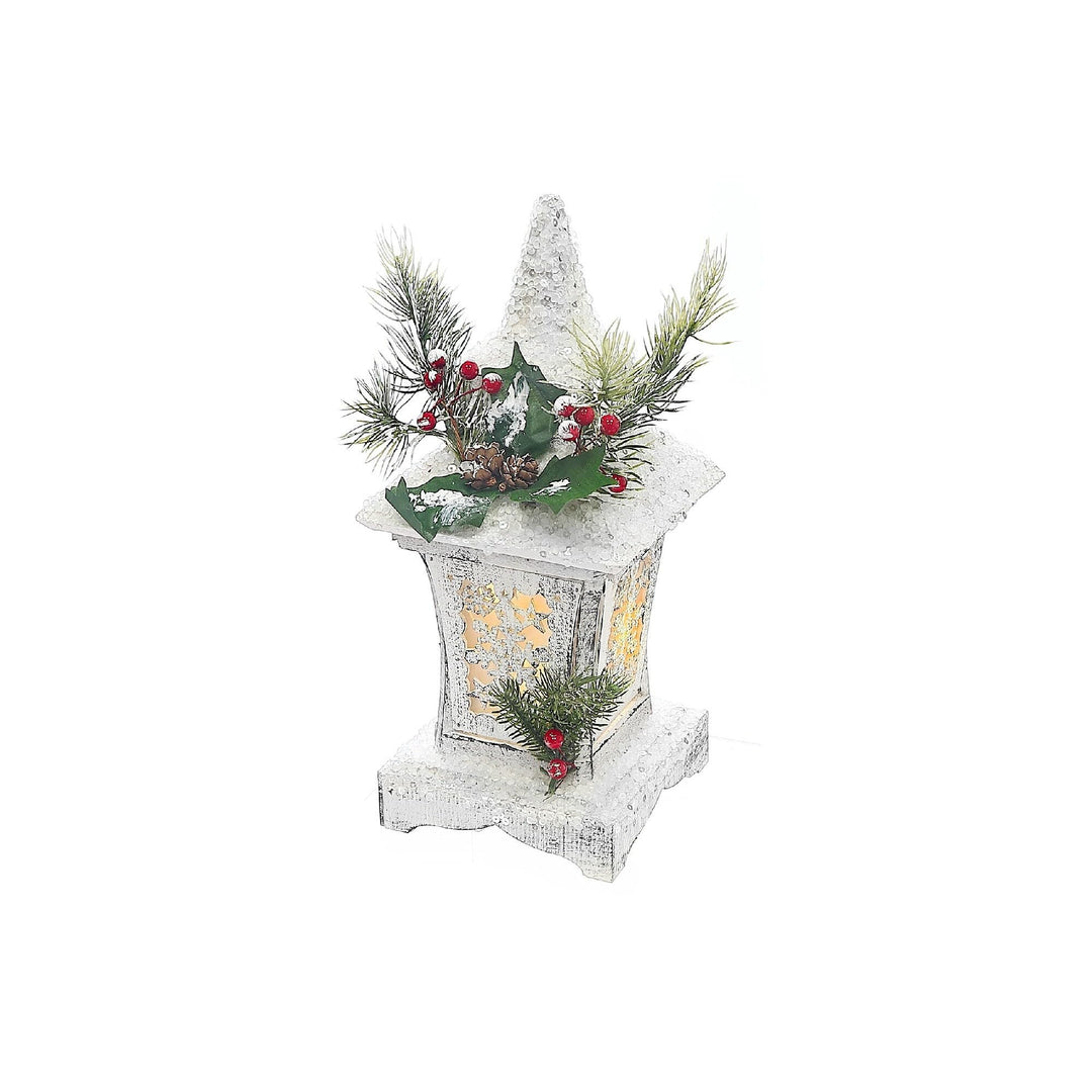 Christmas Led Snow Covered Snowflake Lantern 13.4" White Wood