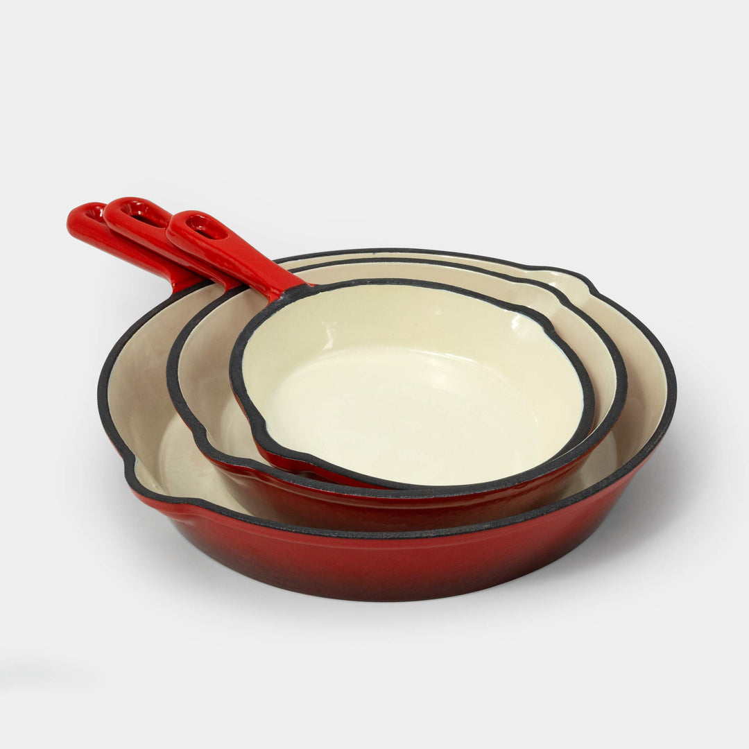 ExcelSteel 3 Pc Cast Iron Skillet Set w/Red Enamel Coating Perfect for Home - Diamond Home USA