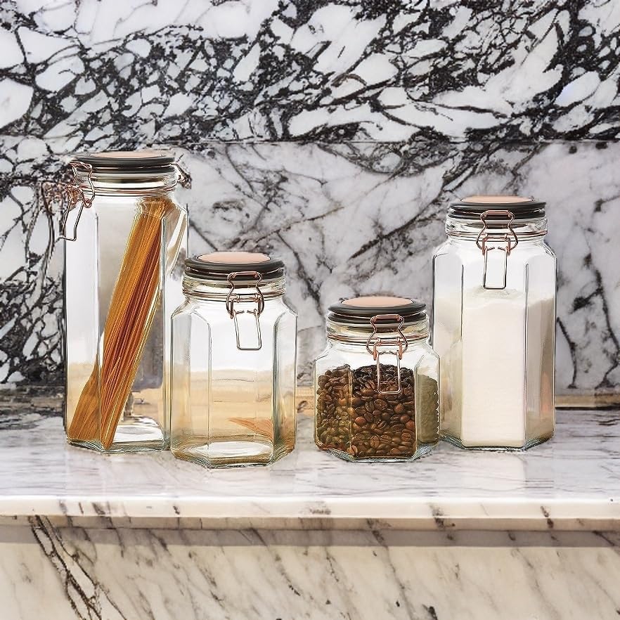 Canister Jar Hexagon Set Of 2 Black Clear Glass - Diamond Home USA