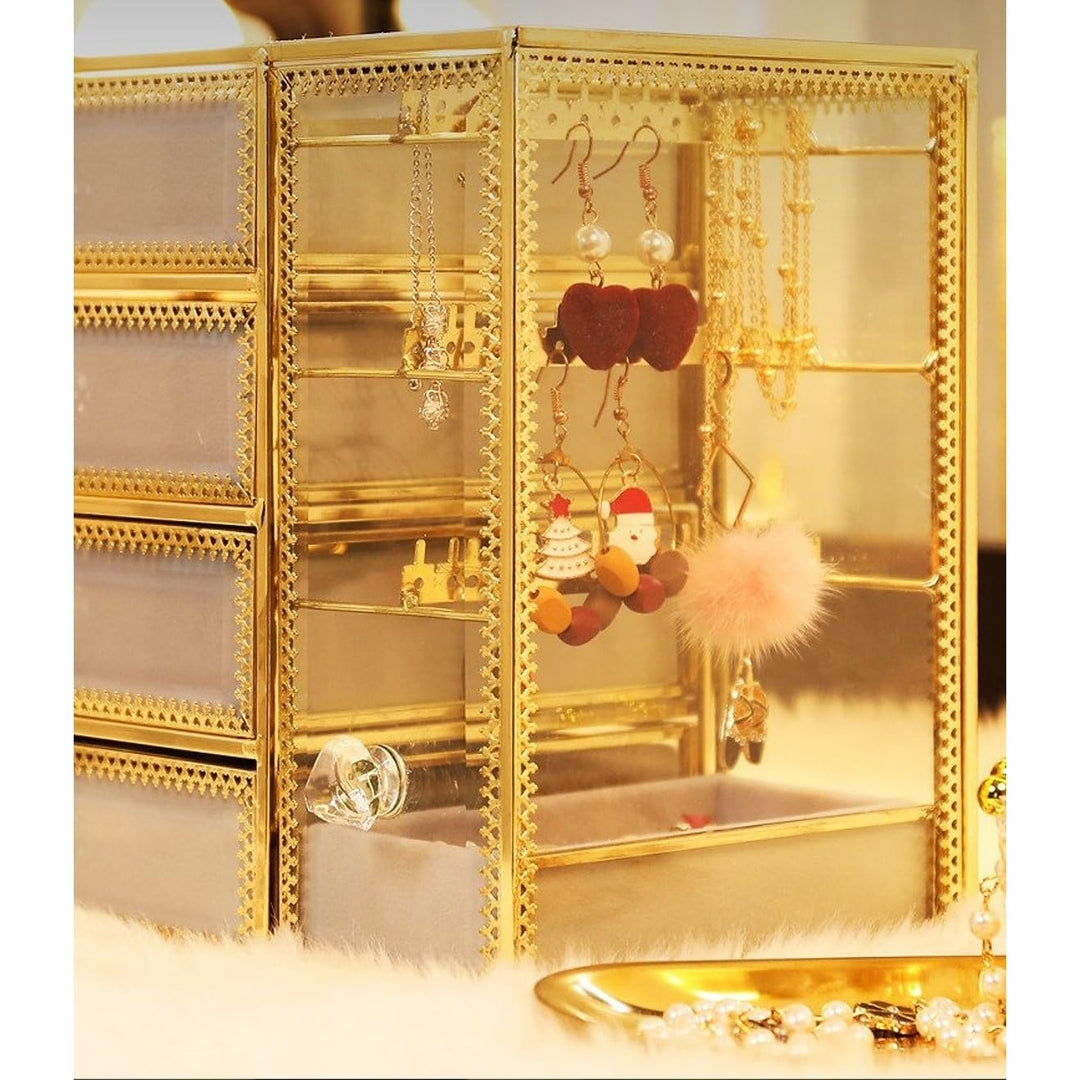Golden Brass Vintage Glass Jewelry Boxjewelry Organizer With 4 Drawers Earring - Diamond Home USA