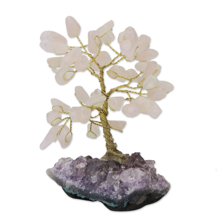 Handmade Sweet Leaves Rose Quartz Gemstone Tree (Brazil) 3.9" H X 2.4" W 2" D