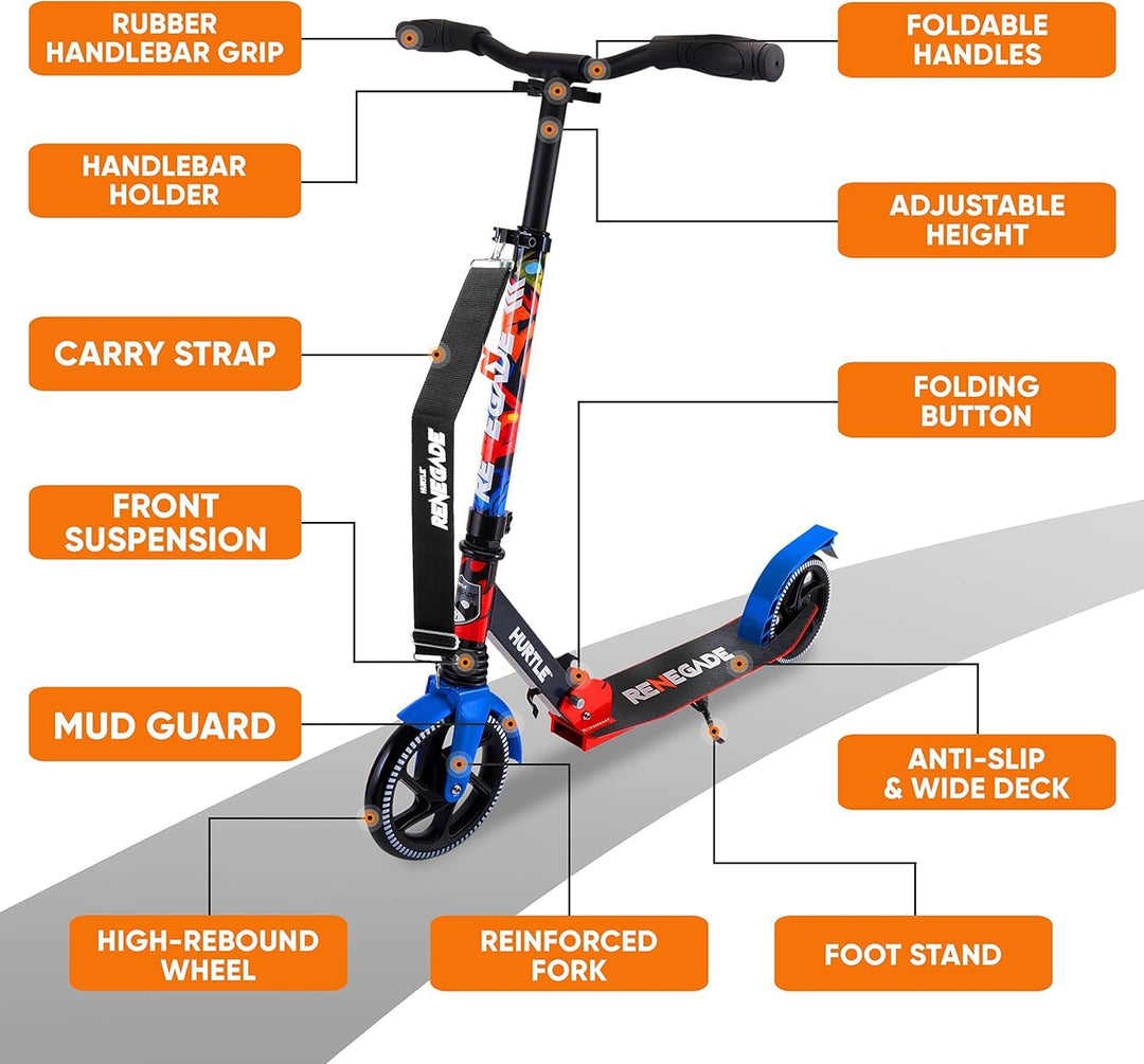 Hurtle Renegade Kick Scooters for Kids Teenagers Adults- 2 Wheel Kids Scooter - Diamond Home USA