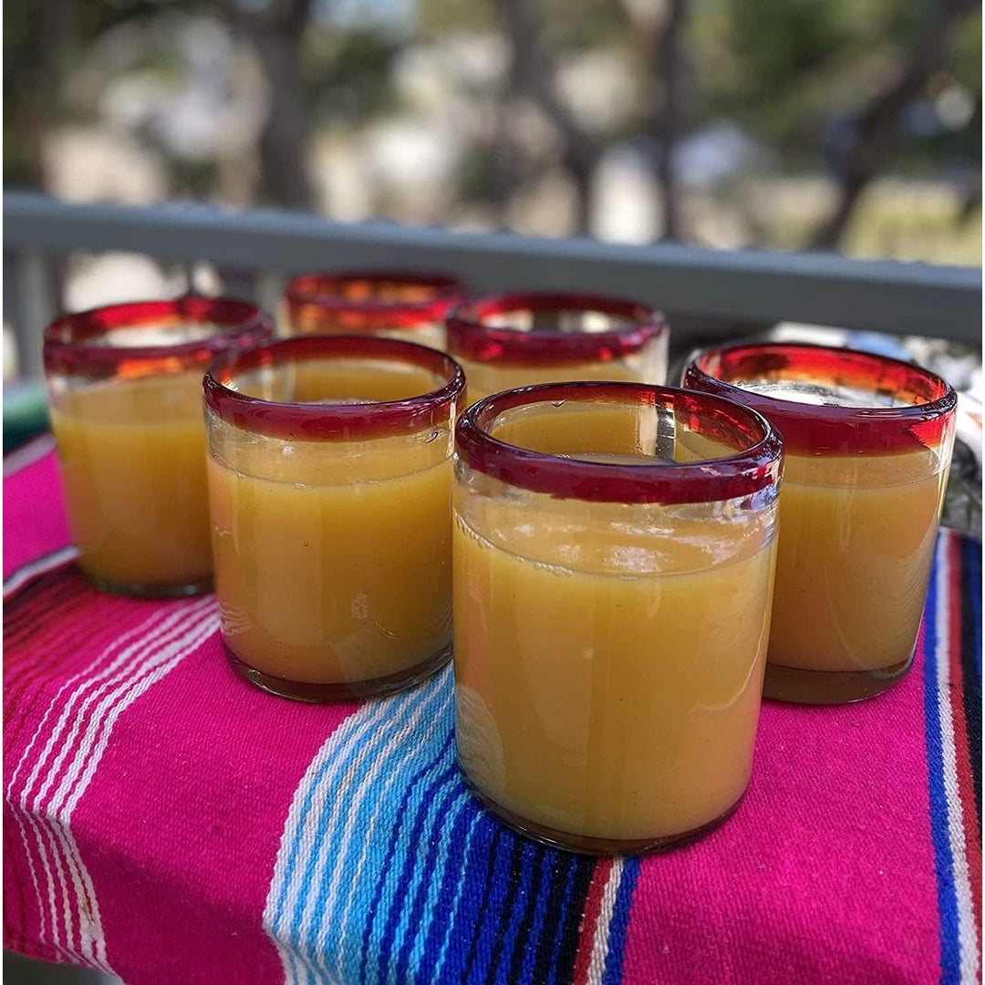 Hand Blown Mexican Drinking Glasses Set Of 6 Red Rim Tumbler (10 Oz Each) Glass - Diamond Home USA