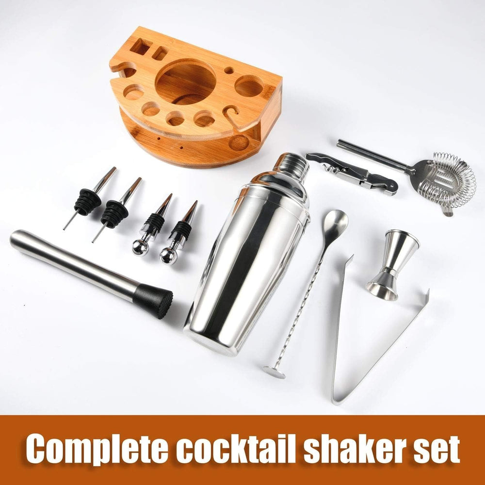 Bartender Kit with Stylish Bamboo Stand 12 Piece Cocktail Shaker Set Silver - Diamond Home USA