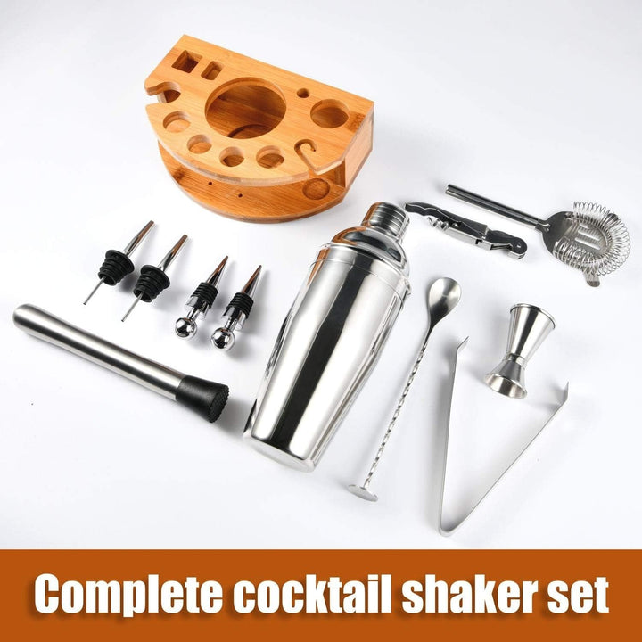 Bartender Kit with Stylish Bamboo Stand 12 Piece Cocktail Shaker Set Silver - Diamond Home USA