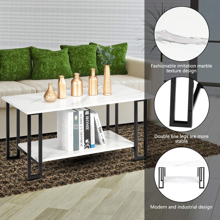 Rectangle Coffee Table| Two Layers 1.5cm Thick MDF Imitation Marble White - Diamond Home USA