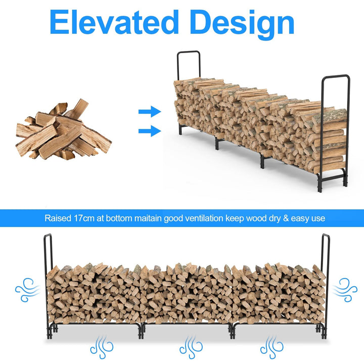 12 Ft Long Firewood Log Rack Outdoor Heavy-Duty Metal Holder Black Wrought - Diamond Home USA