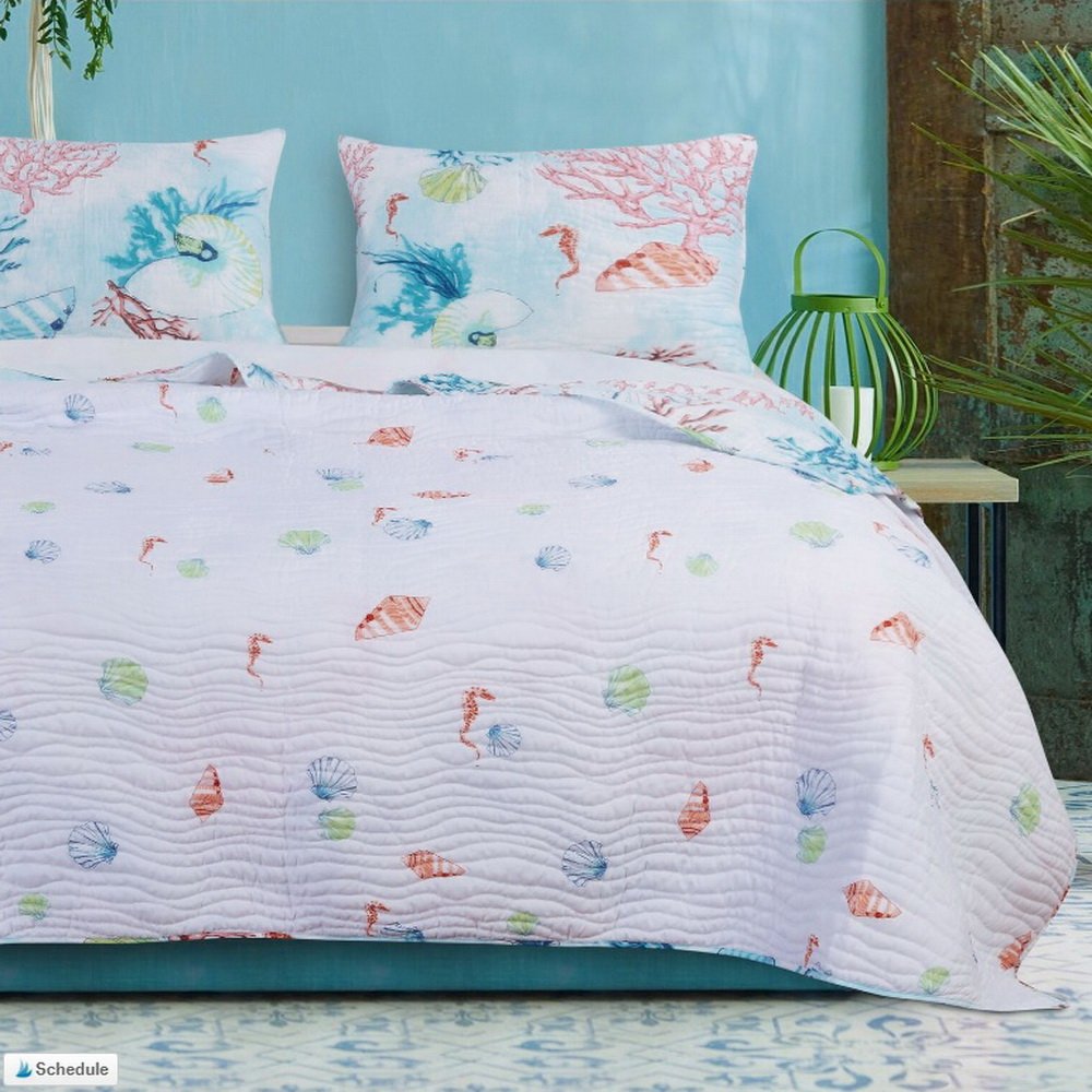 Quilt and Shams Set 3 Piece Coastal Beach Under Sea Reef Seashell Printed - Diamond Home USA