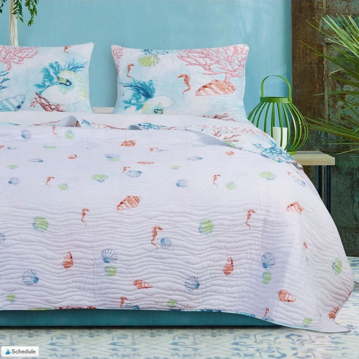 Quilt and Shams Set 3 Piece Coastal Beach Under Sea Reef Seashell Printed - Diamond Home USA