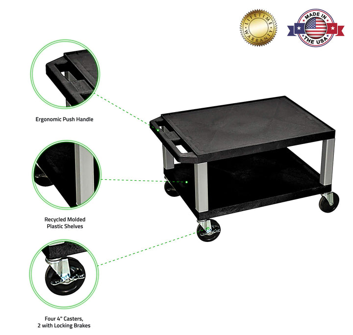 LUXOR WT16-N 16"H A Cart - Two Shelves - Nickel Legs Multipurpose Storage for - Diamond Home USA