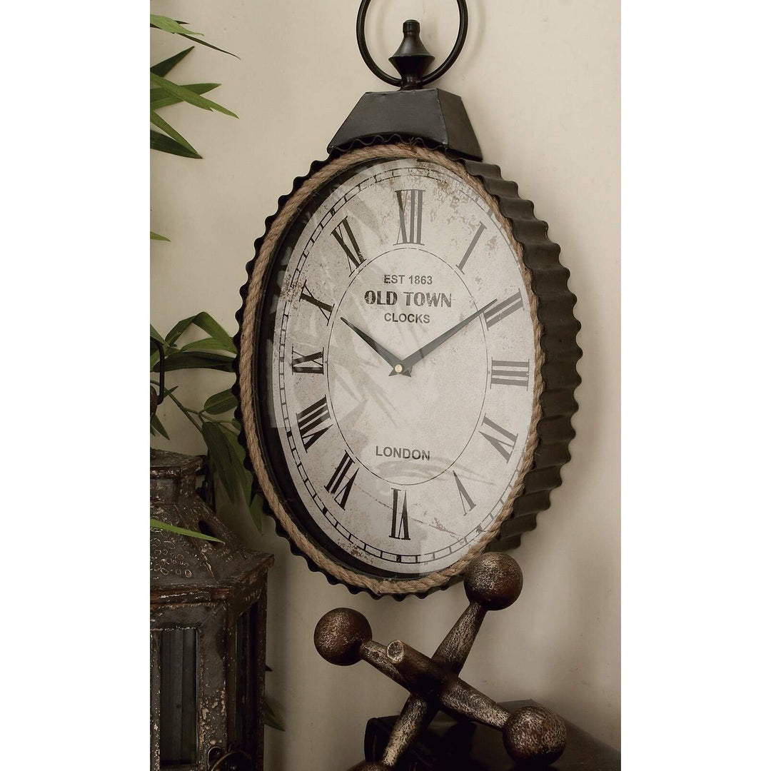 Metal Rope Wall Clock Black Farmhouse Oval Iron Natural Finish Roman Numeral - Diamond Home USA