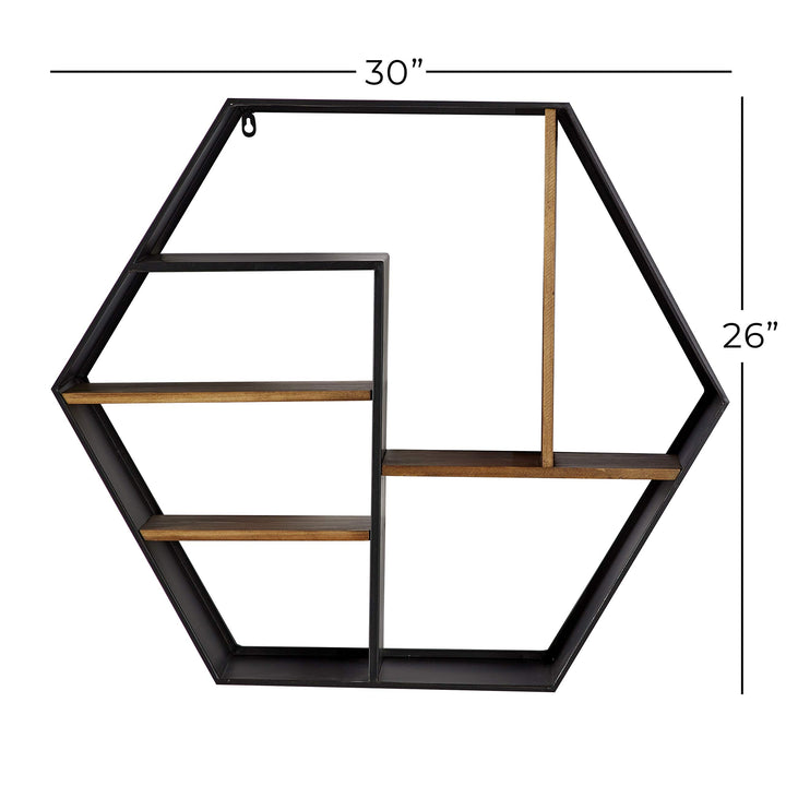 Black Metal and Wood Octagon Wall Shelf 29.5" X 25.75" 30 7 26 Industrial - Diamond Home USA